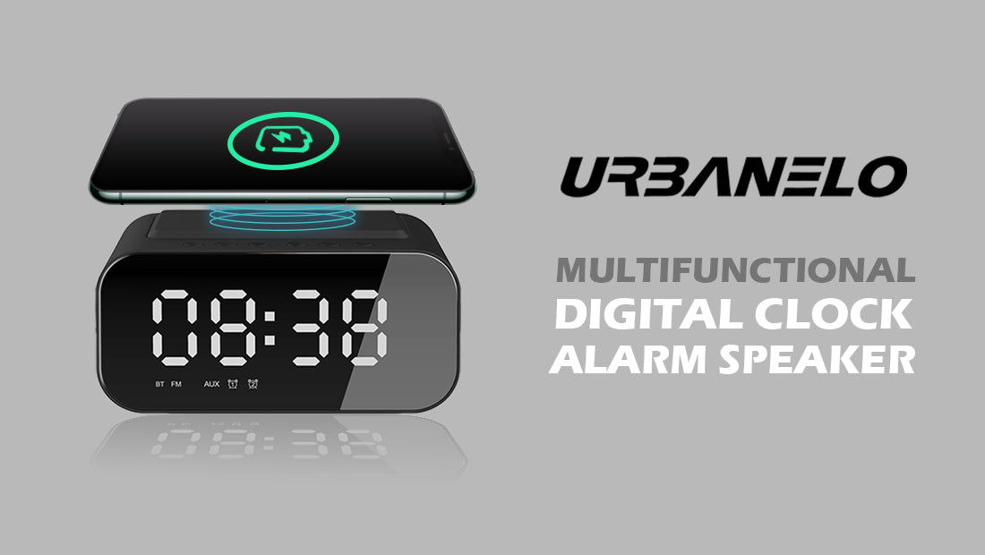 Load video: URBANELO Alarm Clock Bluetooth Speaker Wireless Charger
